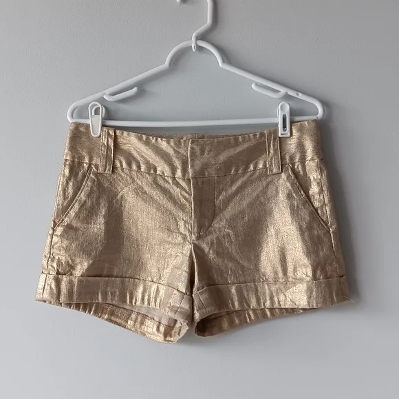 Alice + Olivia Linen Cotton Metallic Gold Shimmer Mini Shorts Size 8 Medium Women